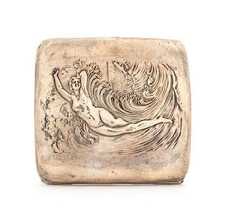 An American Silver Cigarette Case, Unger Brothers, Newark, NJ, the curved lid worked with the repousee figure of a nude woman