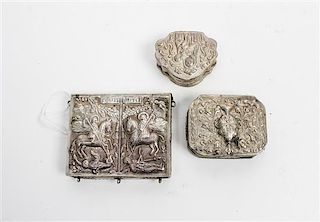 A Group of Three Continental Silver Boxes, , comprising two with exteriors worked with religious imagery, the other with repo