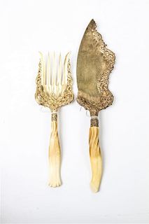 Two Whiting Gilt Washed and Antler Handled Serving Articles Length of longer 14 1/4 inches.