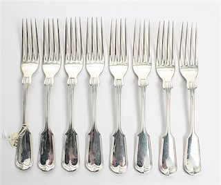 A Set of Eight American Silver Dinner Forks, Frank W. Smith Silver Co., Gardner, MA, Fiddle and Thread pattern.