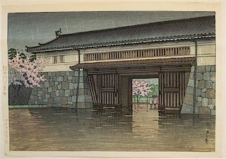 Hasui Kawase, (Japanese, 1883-1957), Spring Rain at Sakurada Gate, 1952