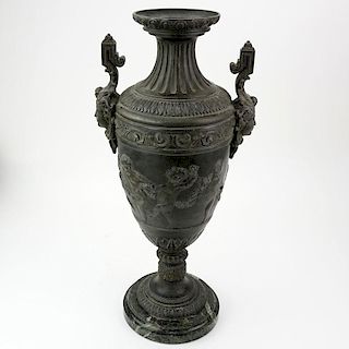 Antique Neoclassical Style Patinated White Metal Urn on Marble Base.
