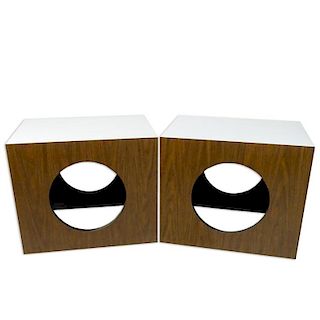 Pair of Mid Century Modern Lane Style Cube Laminate "Circle Cut Out" Side Tables.