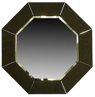 Mid Century Modern Karl Springer Octagonal Faux Pig Suede Framed Mirror with Beveled Glass.