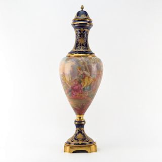 Early 20th Century Sevres Style Cobalt Blue and Gilt Porcelain Covered Urn.