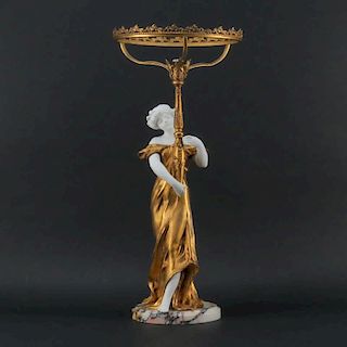 Mednat, French (20th century) Art Nouveau Gilt Bronze and Bisque Figural Lamp on Marble Base.