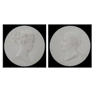 Pair of Neoclassical "Napoleon and Josephine"  Parian Medallion Affixed on Velvet.