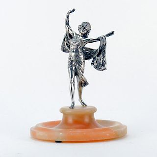 Paul Philippe Style Art Deco Silvered Bronze Dancer on Alabaster Base.