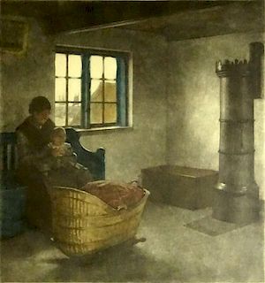 Peter Vilhelm Ilsted Danish (1861-1933) Color Mezzotint "Fisherman's Room at Hornbaek" Circa 1932.