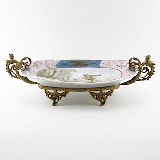 19th Century Sevres Bronze Mounted Louis XVI Style Gilt Hand Painted Centerpiece Bowl.