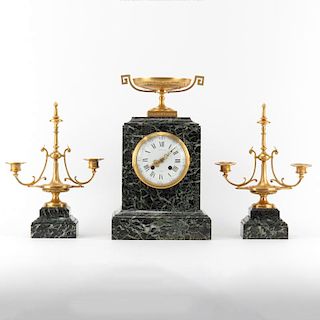 19th Century French Louis XV Style Raingo Freres Paris Gilt Bronze and Marble Clock Garniture Set.