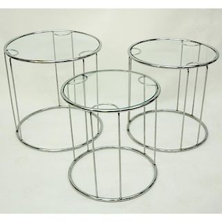 Attributed to: Milo Baughman, American (1923-2003) Set of Three (3) Chrome and Glass Nesting Tables.
