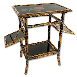 Vintage Lacquered Bamboo Small Table With 2 Fold Up Shelves.