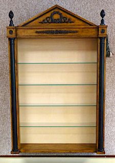 Vintage Neo-Classical Style Hanging Open Display Cabinet. 4 Glass Shelves, Fruitwood Finish with Ebonized Elements.