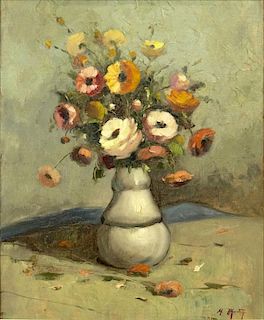 20th Century Oil on Artist Board "Still Life with Flowers". Signed M. Martinez