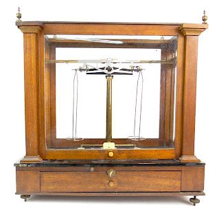 Early 20th Century American Colorado Wm. Ainsworth & Sons Mahogany, Brass and Glass Encased Balance Scale with Weights.