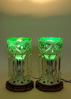 Pair of 20th Century Bohemian Glass Lusters. Electrified and with bronze bases.