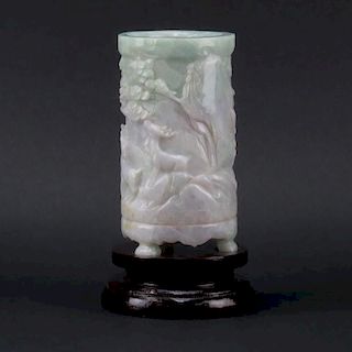 Antique Chinese Carved Light Green Jade Brush Pot on Wooden Base.