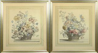 after: Jean-Baptiste Monnoyer, French (1636-1699) Two (2) 20th Century Hand Colored Engravings "Still Life with Flowers in Ba