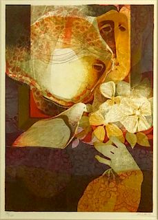 "Alvar" Alvar Sunol Munoz-Ramos, Spanish (b.1935) Color lithograph "Two Figures With Pigeon and Flowers" Signed Alvar and num