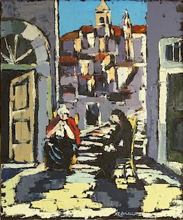 Mid 20th Century Oil Painting bears signature Iagnocco (?). "Chatting In The Square"