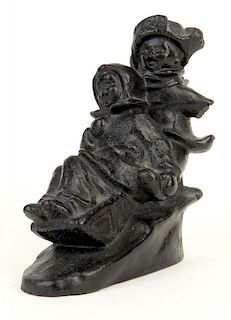 Early 20th Century Cast Metal Figure Group "Children Sledding". Illegible Marked to Base.