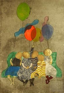 Graciela Rodo Boulanger, Bolivian (born 1935) color lithograph, Children with Balloons.
