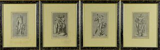 Set of Four (4) Prints of Antique Etchings, All Nude Male Subjects Mounted in Marblelike Frames.