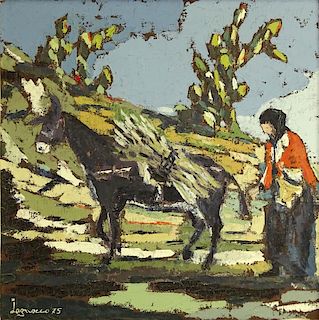 Mid 20th Century Oil Painting bears signature Iagnocco (?). "Farmwoman" Signed lower left, dated '75, inscribed en verso.
