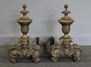 Pair Of Antique Gilt Metal Urn Form Andirons