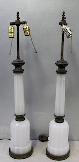 Pair of Milk Glass and Gilt Metal Mounted Lamps.