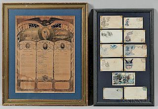 Eleven Framed Civil War Pictorial Envelopes and a Soldiers Memorial Print