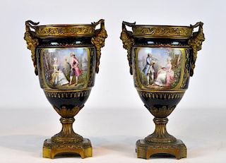 Pr. French Sevres Bronze Mounted Cobalt Vases