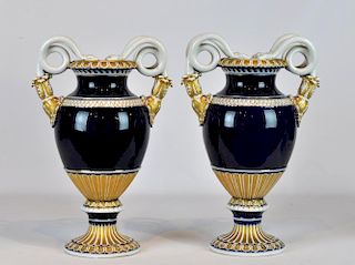 Pr. Meissen Cobalt Urns with Snake Handles