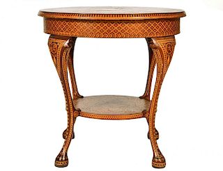 19th C. American Round Marquetry Wood Table