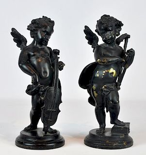 2 19th C. Black Painted Patina Bronze Cherubs