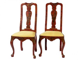 Pr. Red Chinoiserie Decorated Dining Chairs