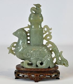 Chinese Carved Jade Lidded Censer on Plinth