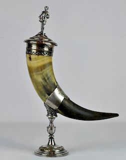 19th C. Silverplate Mounted Drinking Horn