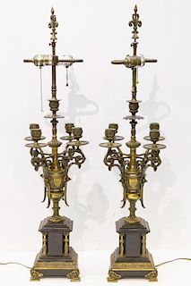 Black Marble & Brass Candlestick Lamps, Pair
