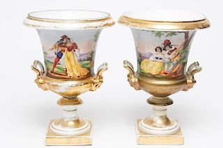 Old Paris Porcelain Urns, Painted & Gilt Pair