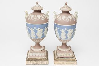 Wedgwood Jasperware Neoclassical Urns, Tri-Color