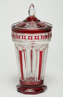 Bohemian Glass Cranberry Cut-to-Clear Lidded Jar