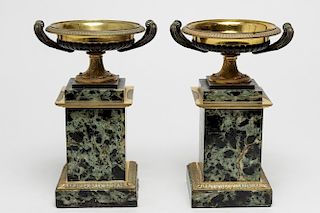 Neoclassical Gilt Bronze Tazzas on Marble Plinths