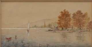 Continental Watercolor of Lake Scene, 19th. C
