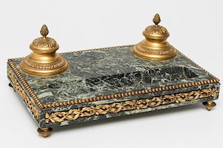 Antique Double Inkwell, Gilt Bronze & Marble