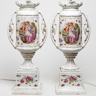 German Gilt Porcelain Vase Lamps, 2