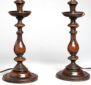 Antique English Oak Candlestick Lamp Pair