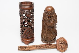 Chinese Carved Wood Figure, Ruyi Wand, & Brush Pot