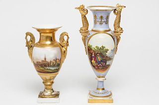 Old Paris Porcelain Urns w Animal Handles, Painted